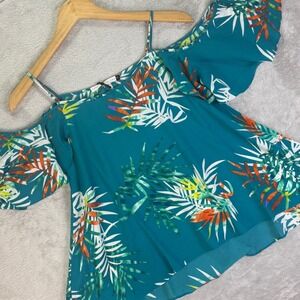 Three Eighty Two Women's Cold Shoulder Tropical‎ Floral Blouse Teal Sz XS NWT
